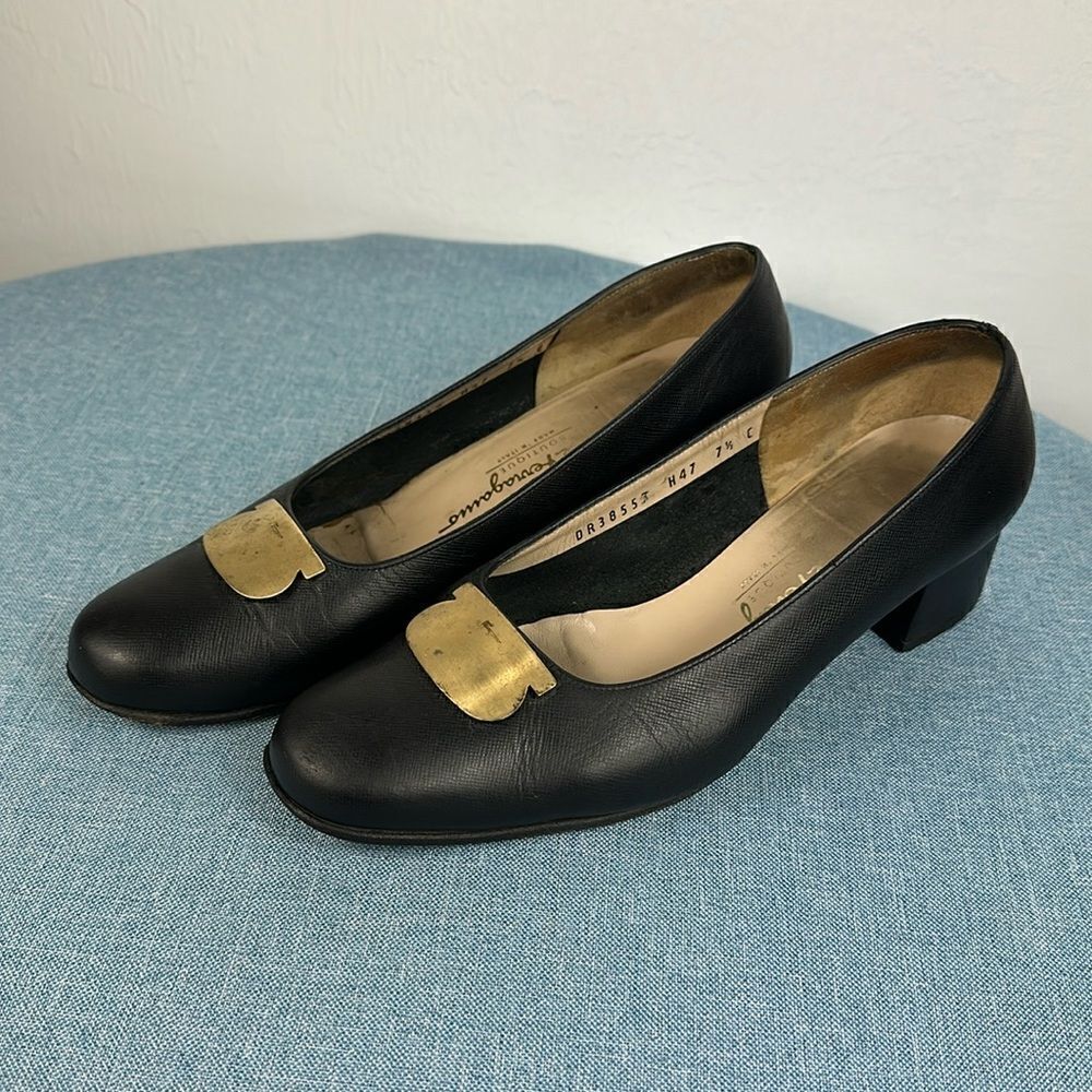 Salvatore Ferragamo Black Leather Square Toe Gold Logo Block Heels Size 7.5 C